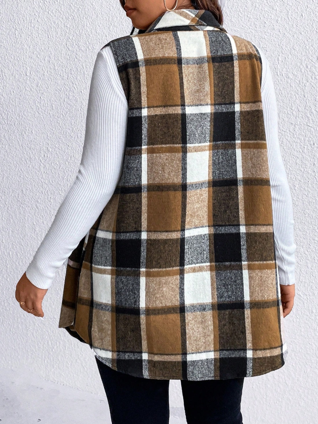 Honey Plus Size Pocketed Plaid Button Up Vest Coat 