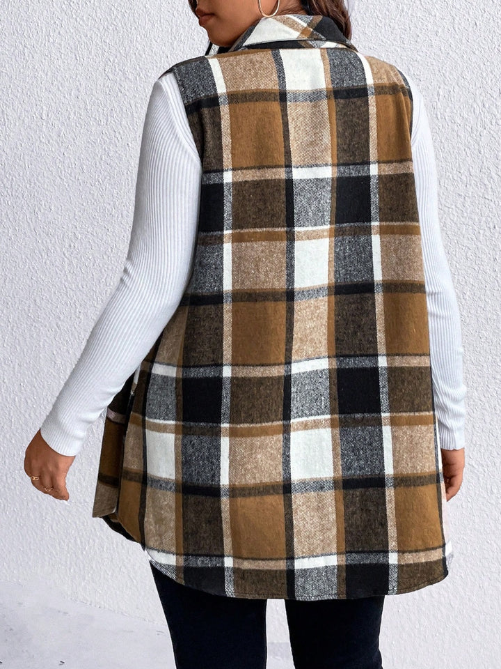 Honey Plus Size Pocketed Plaid Button Up Vest Coat 