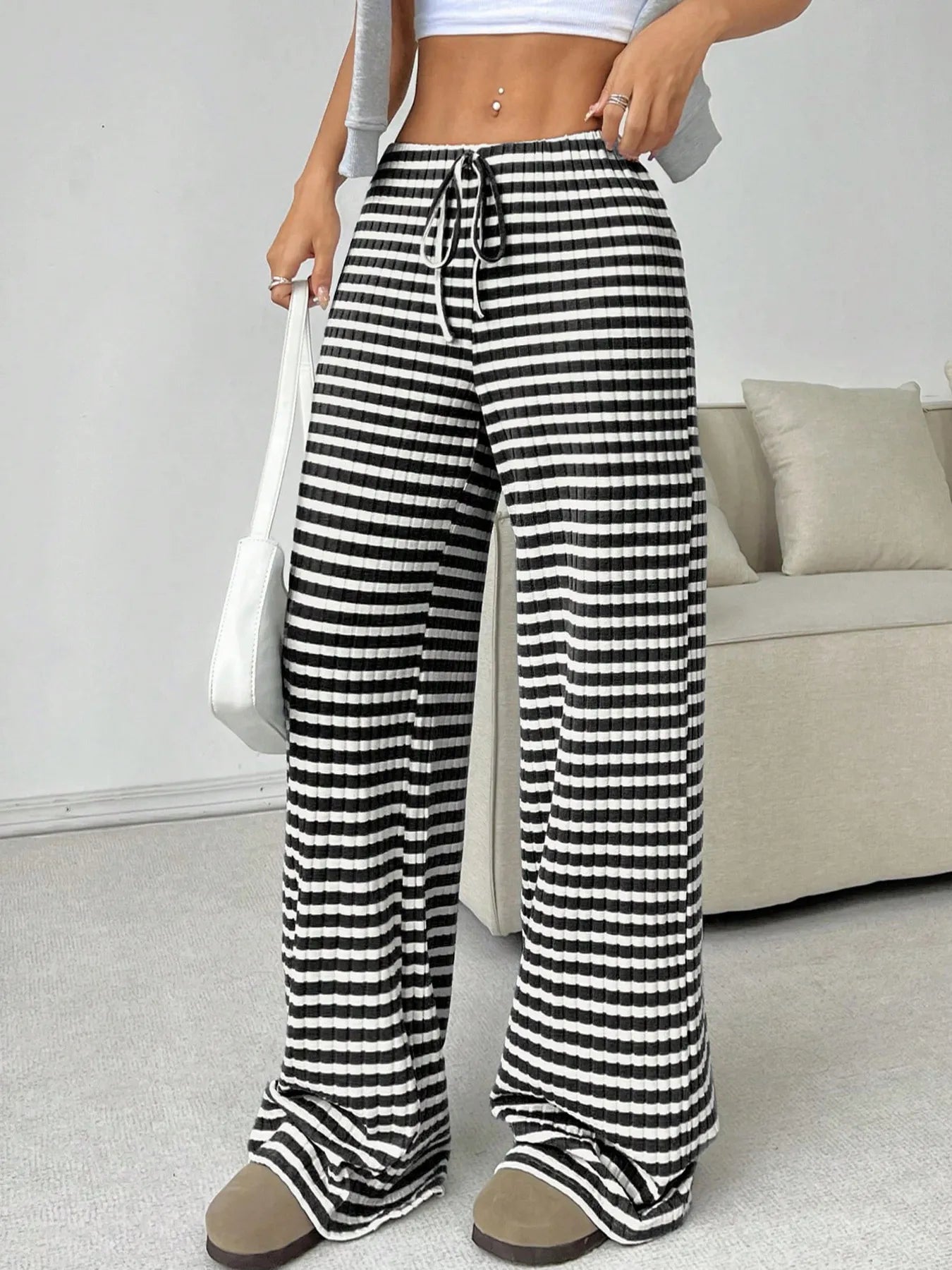 Striped Wide Leg Drawstring Pants 