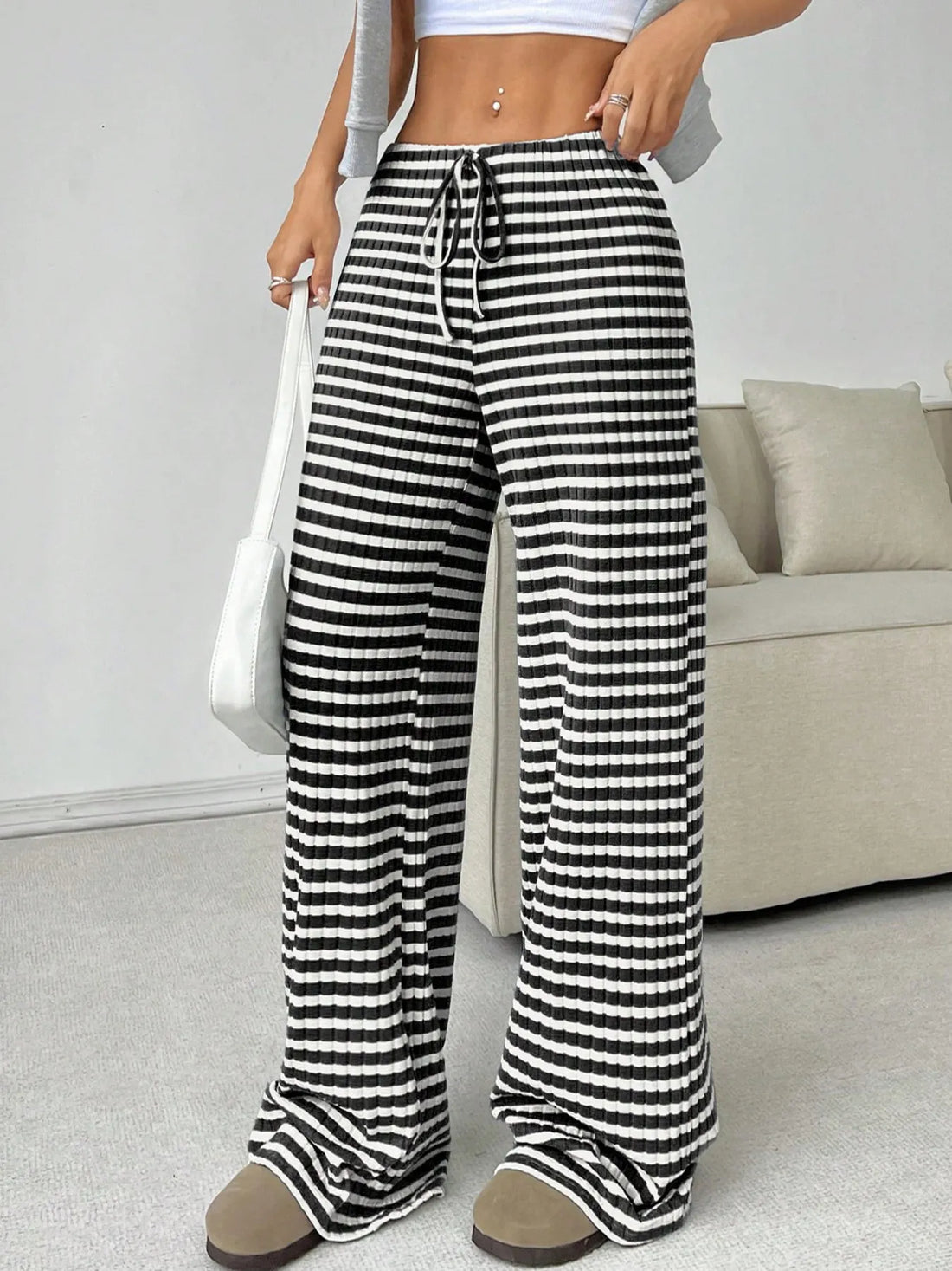 Striped Wide Leg Drawstring Pants 