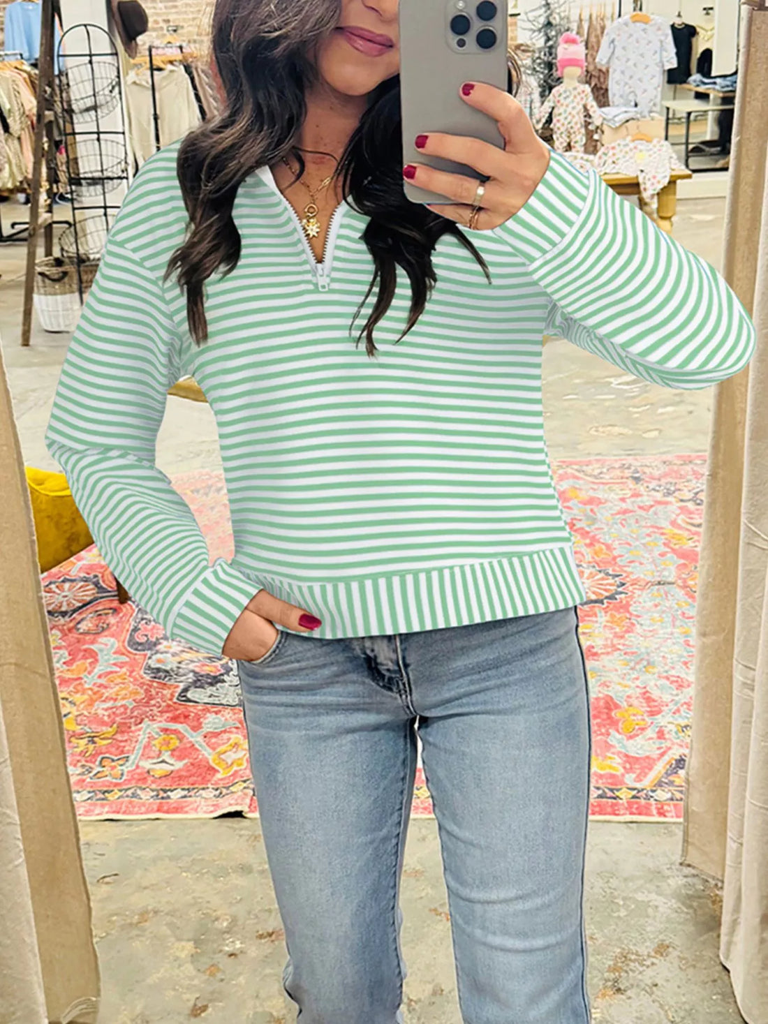 Stripe Quarter Zip Collar Long Sleeve Top 