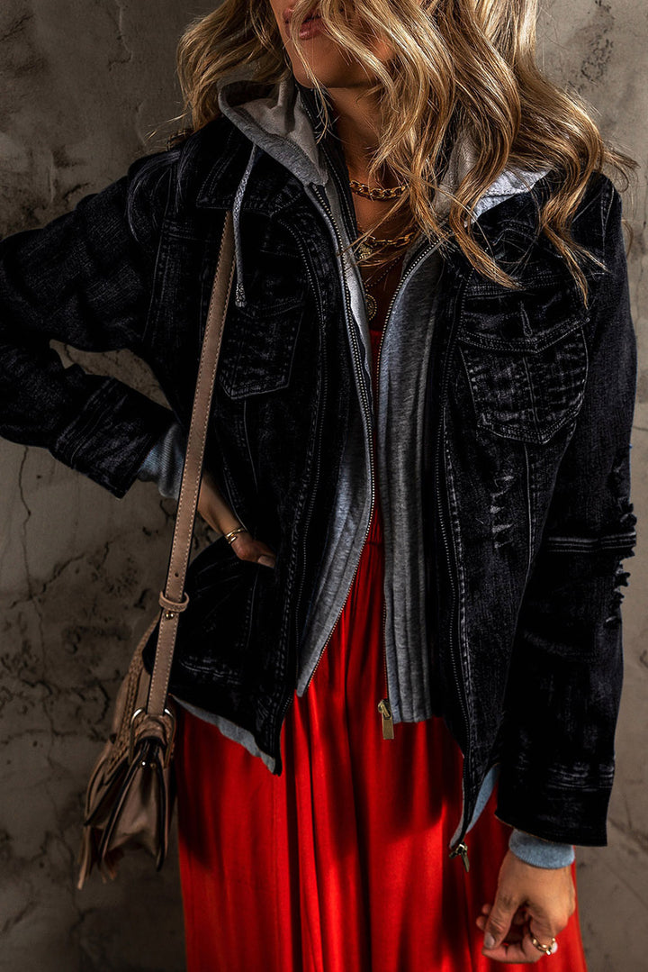 Black Fake Two-Piece Hooded Zip-Up Denim Jacket Outerwear/Denim jackets