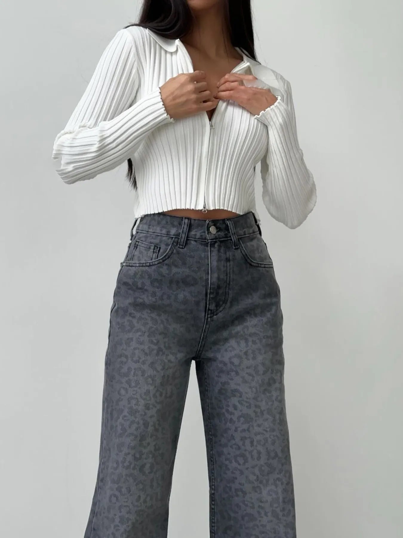 High-Waisted Leopard Print Flare Jeans 