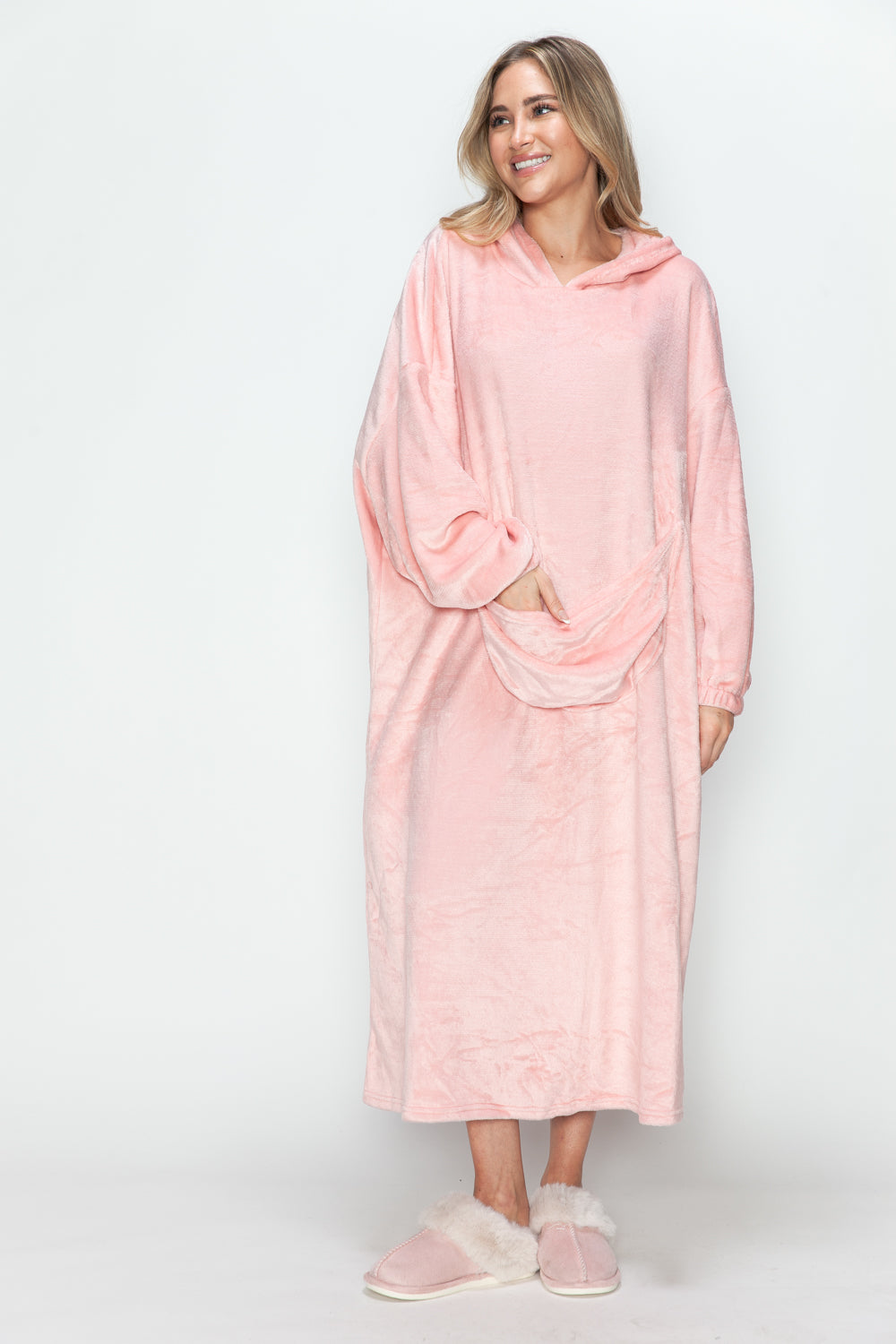 Double Take Full Size Pocketed Hooded Midi Lounge Dress 