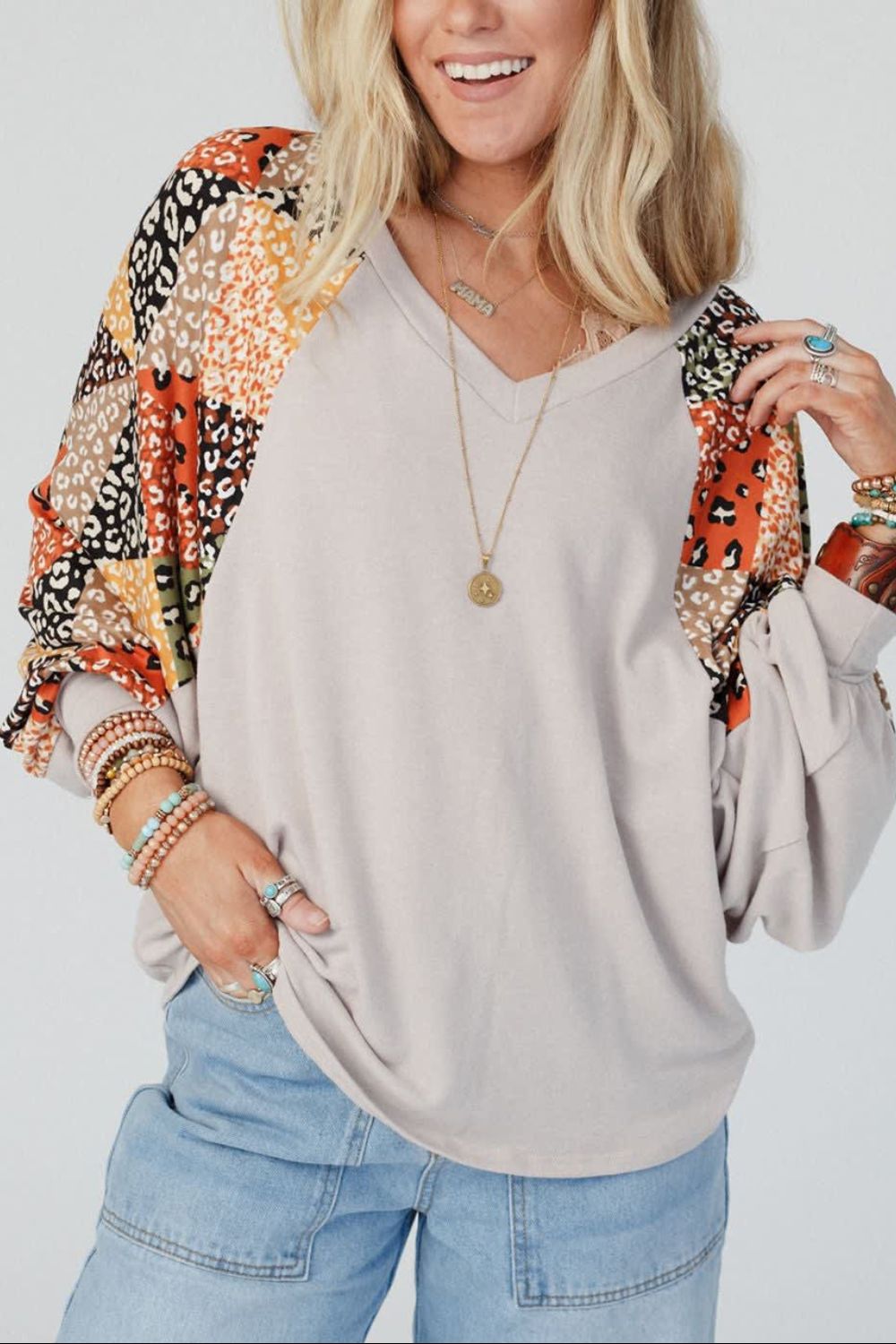 Leopard Contrast V-Neck Long Sleeve Blouse 