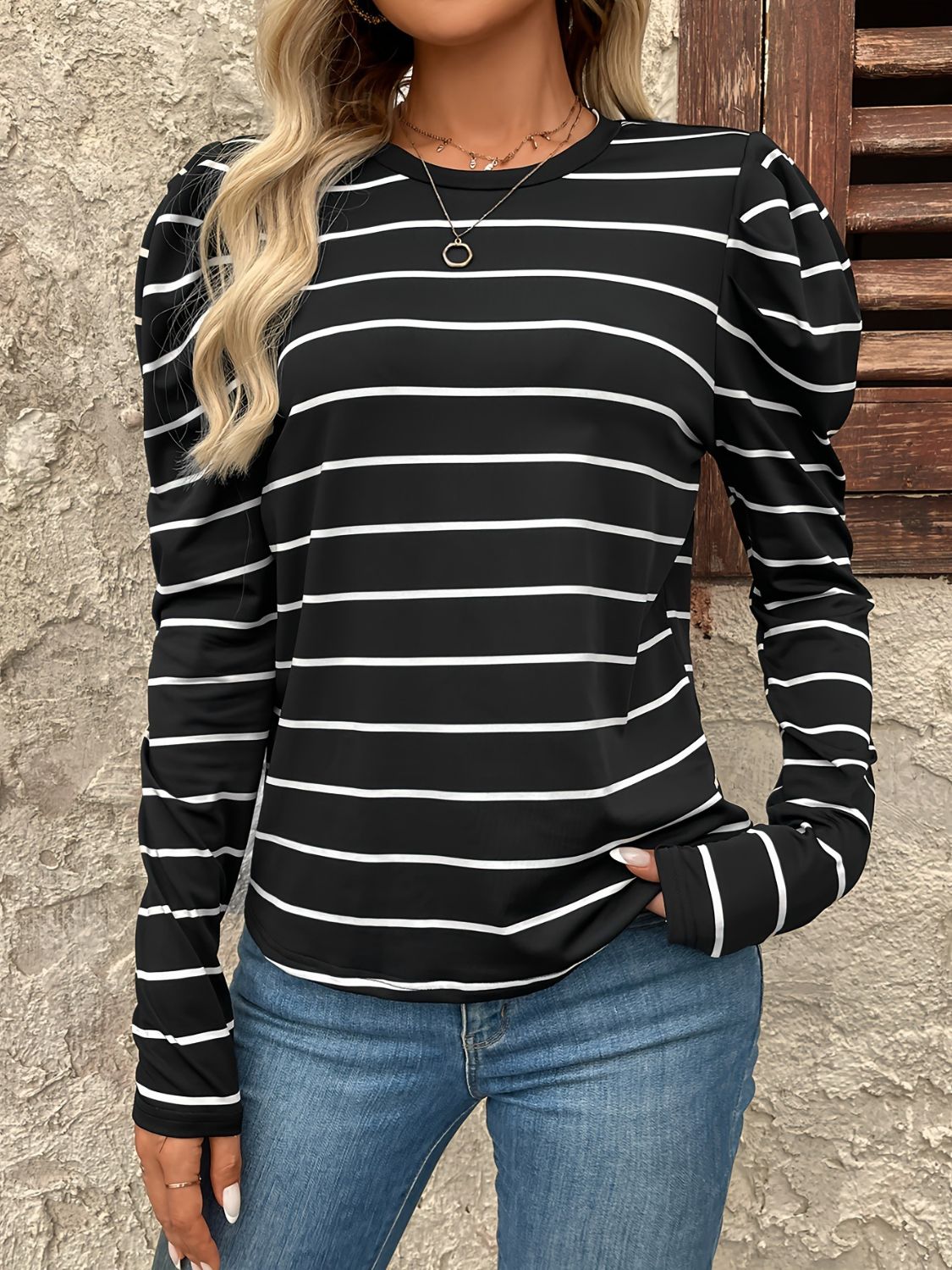 Full Size Striped Round Neck Puff Sleeve T-Shirt 
