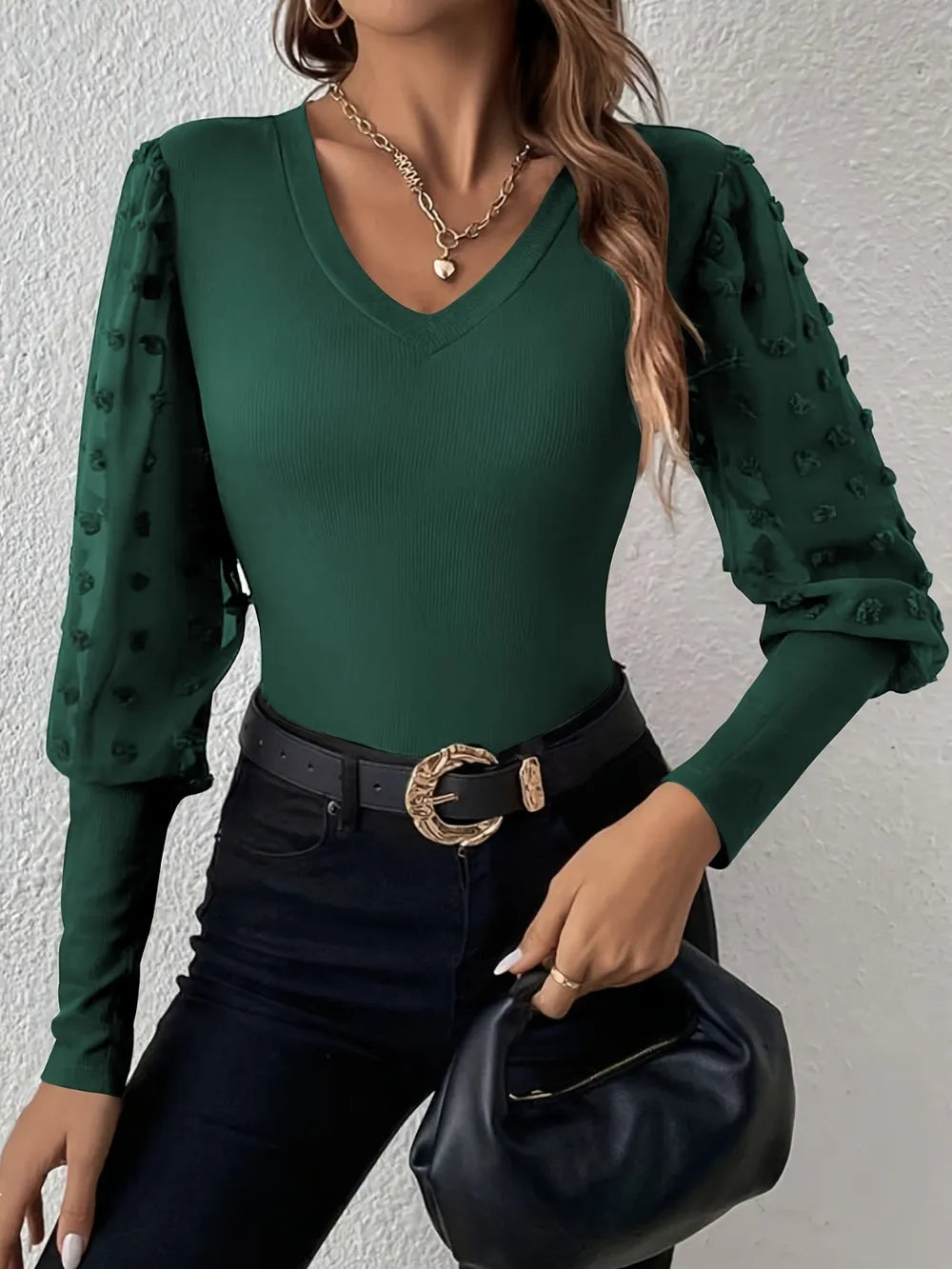 Swiss Dot V-Neck Long Sleeve Top 