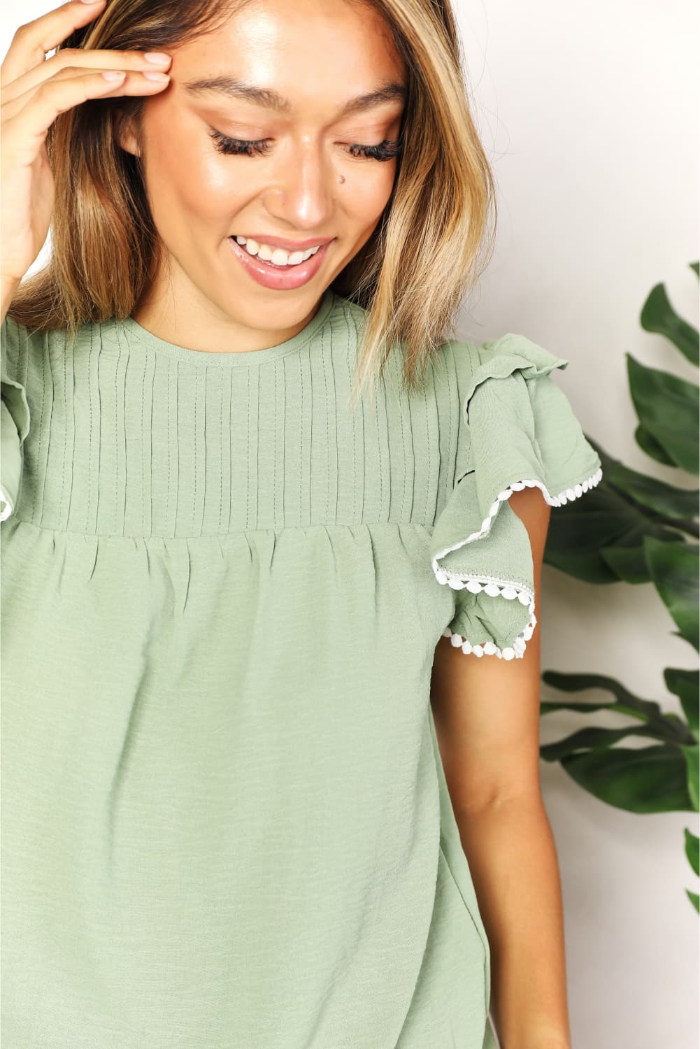 Perfee Pleated Detail Flutter Sleeve Blouse 