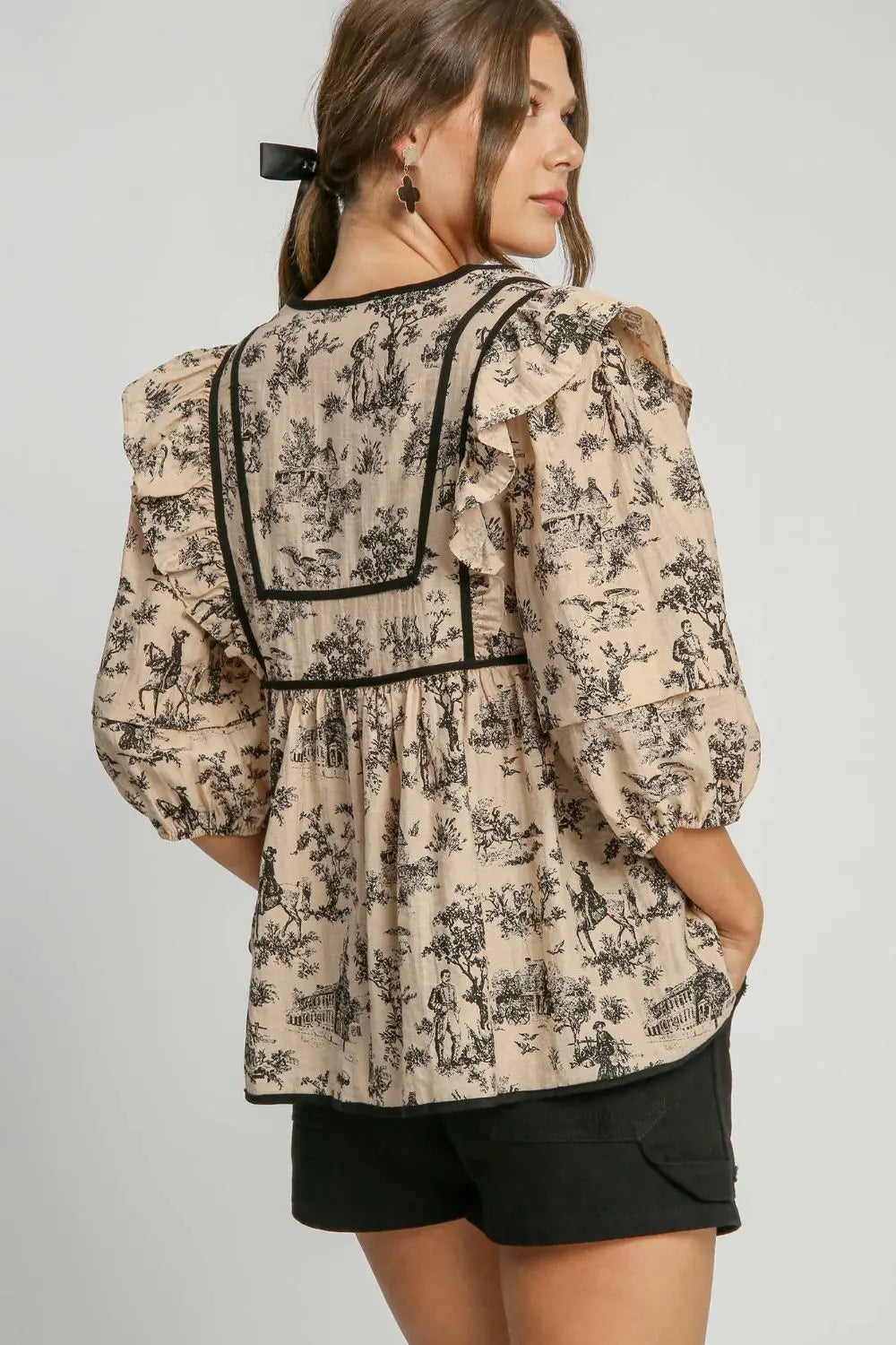 Umgee Ruffled Tie Neck Puff Sleeve Babydoll Blouse dress