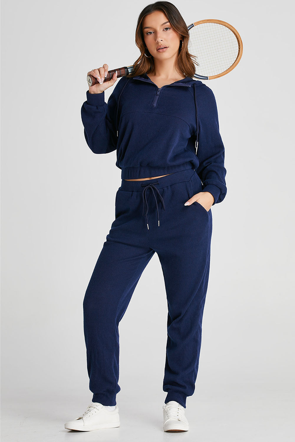 Drawstring Half Zip Hoodie and Joggers Active Set 
