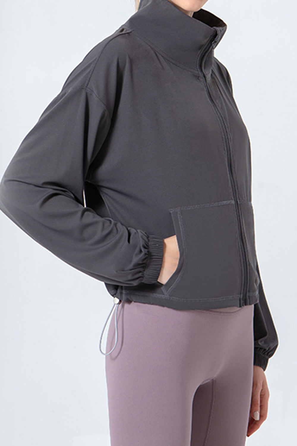 Drawstring Zip Up Dropped Shoulder Active Outerwear 