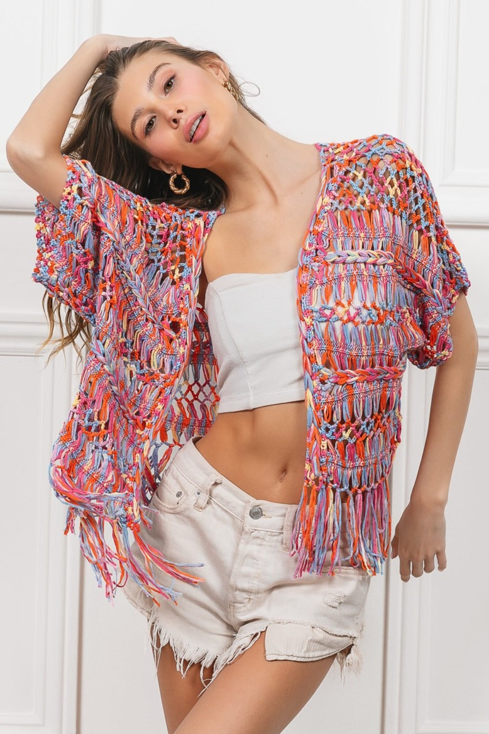 BiBi Open Front Fringed Crop Knit Cardigan 