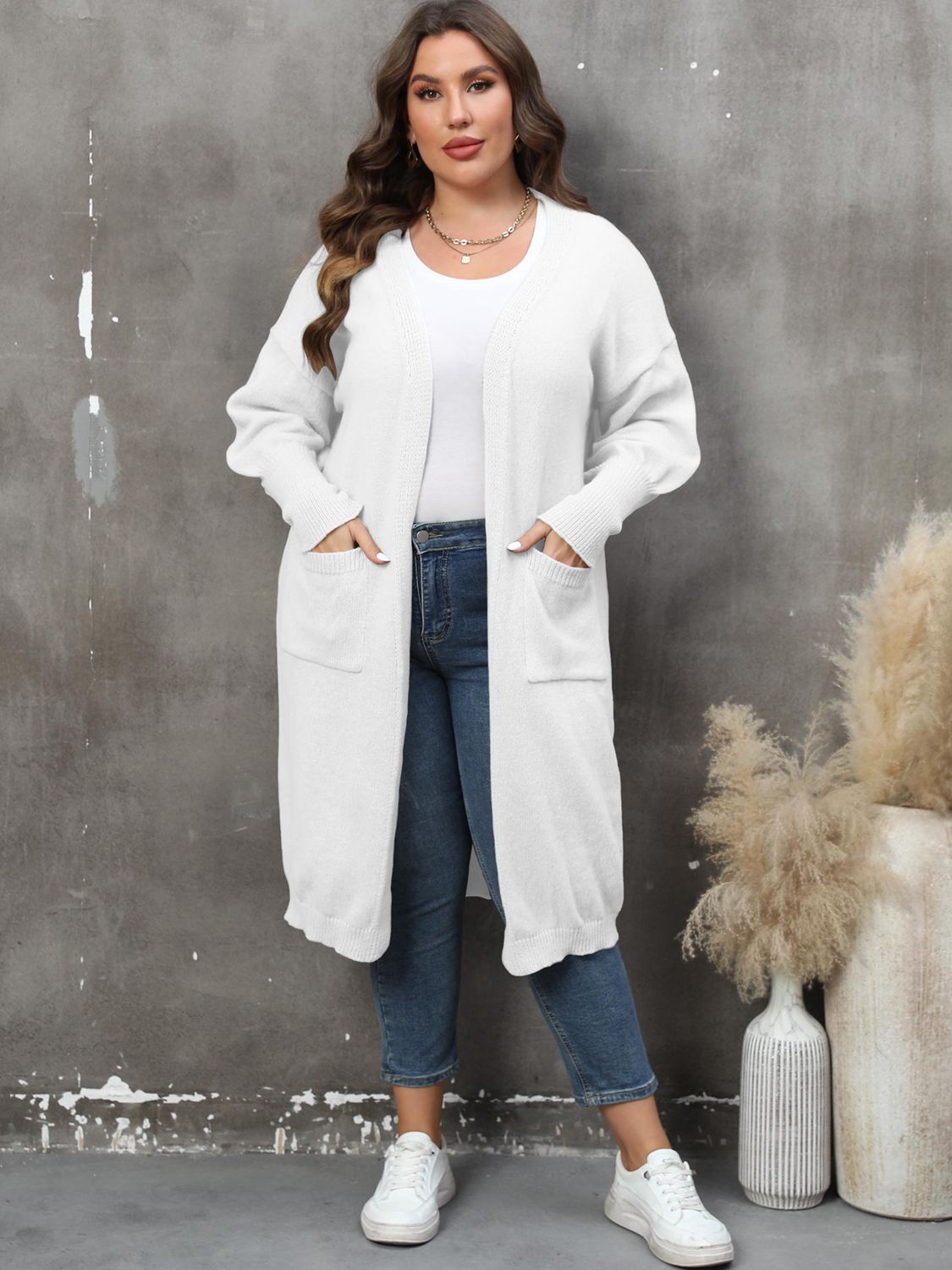 Plus Size Long Sleeve Pocketed Cardigan 