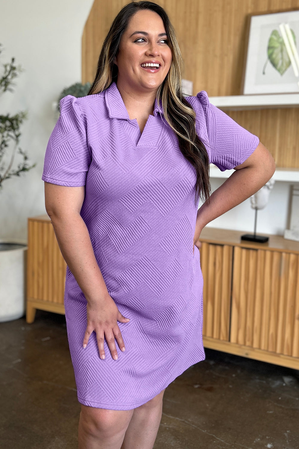 Double Take Full Size Texture Collared Neck Short Sleeve Dress 