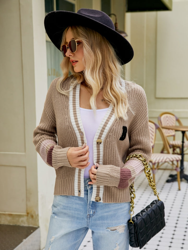 Contrast Button Up Dropped Shoulder Cardigan 