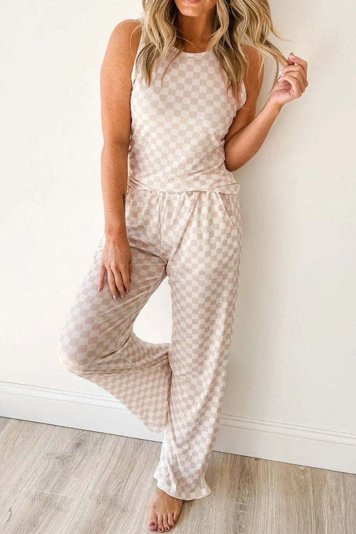 Ribbed Texture Checkered Print Tank and Pants Set Lingerie & Nightwear