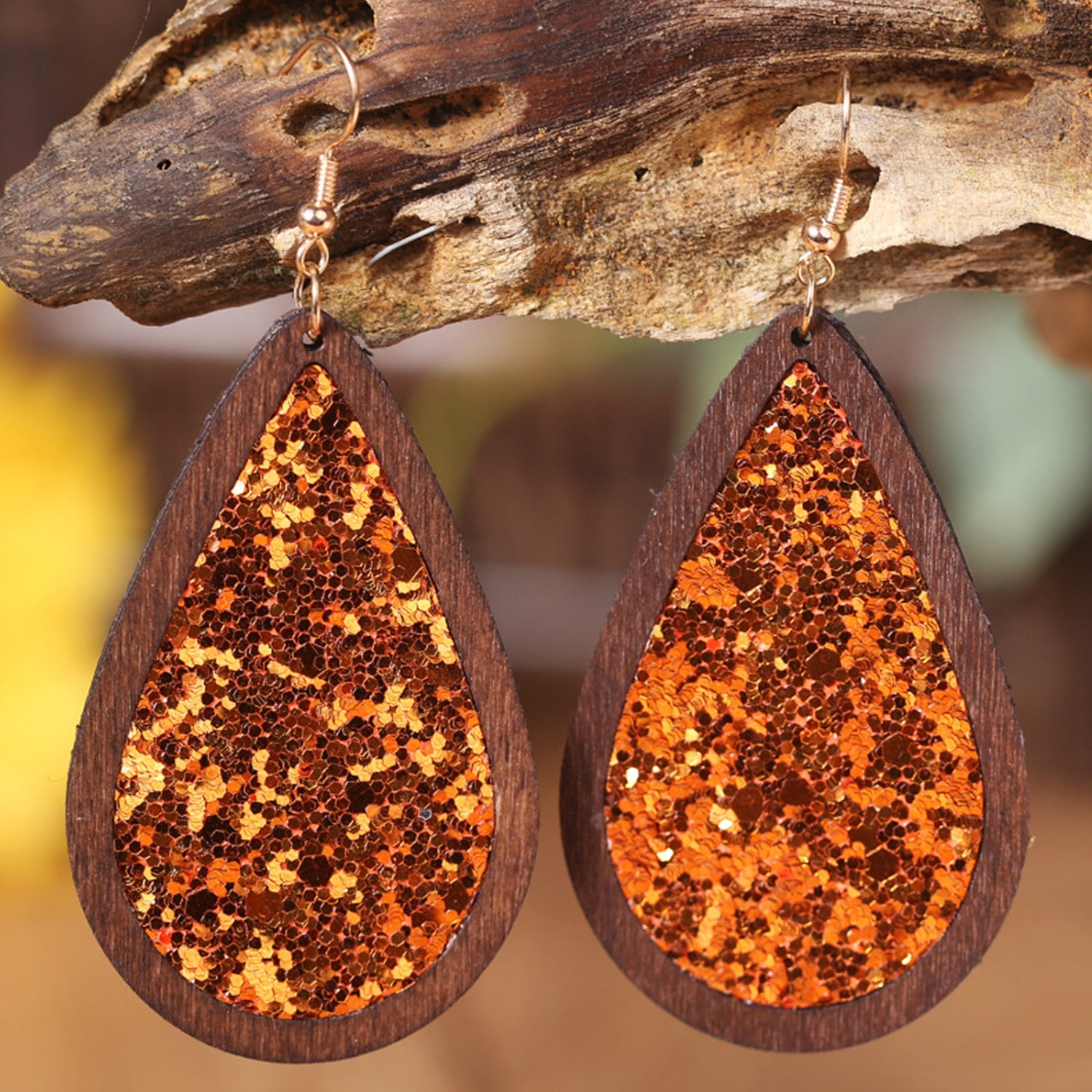 Sequin Wood Teardrop Earrings 