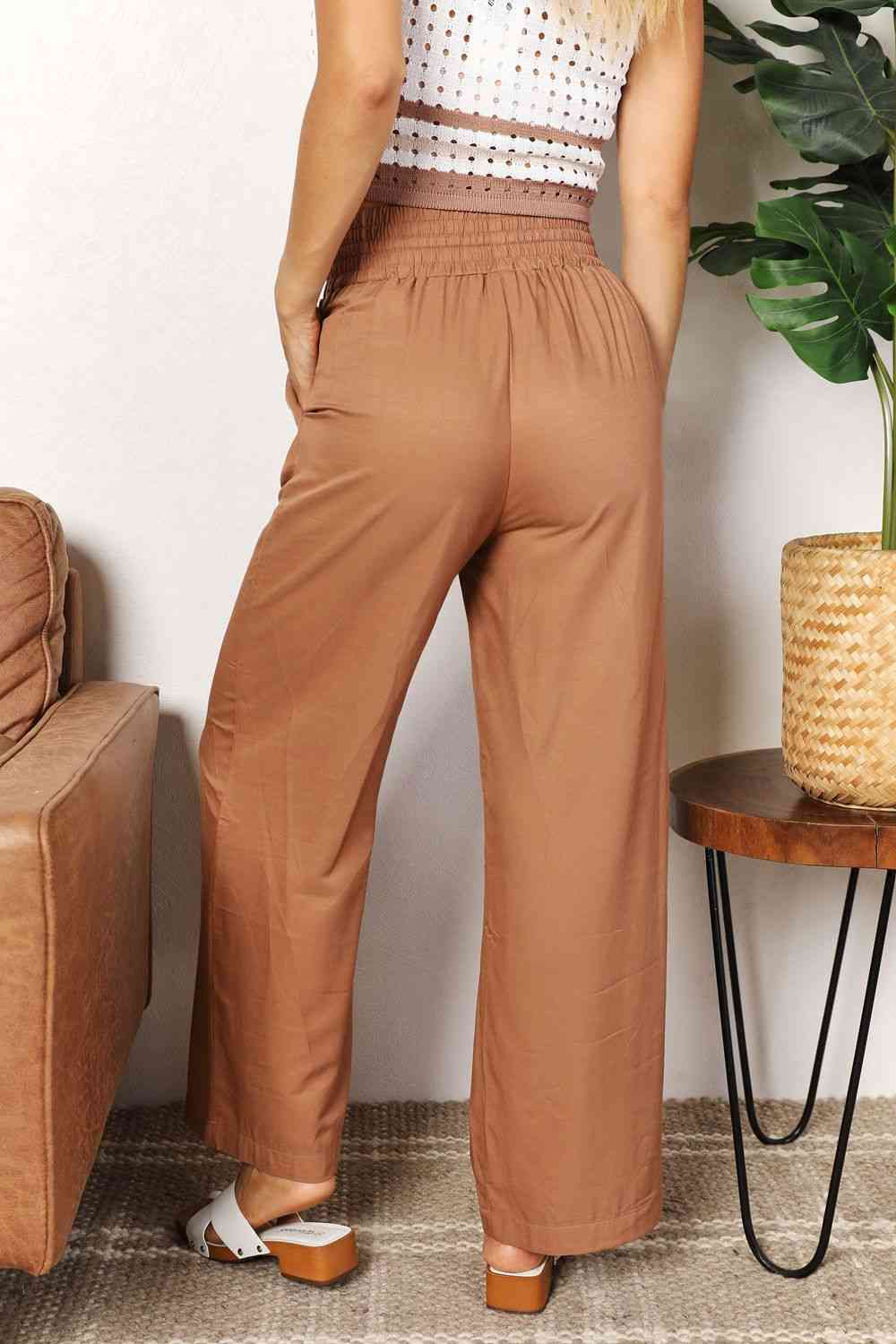 Double Take Drawstring Smocked Waist Wide Leg Pants 