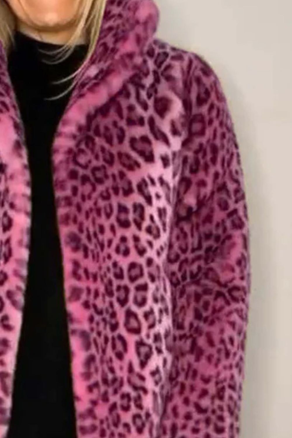 Full Size Leopard Furry Collared Neck Long Sleeve Coat 