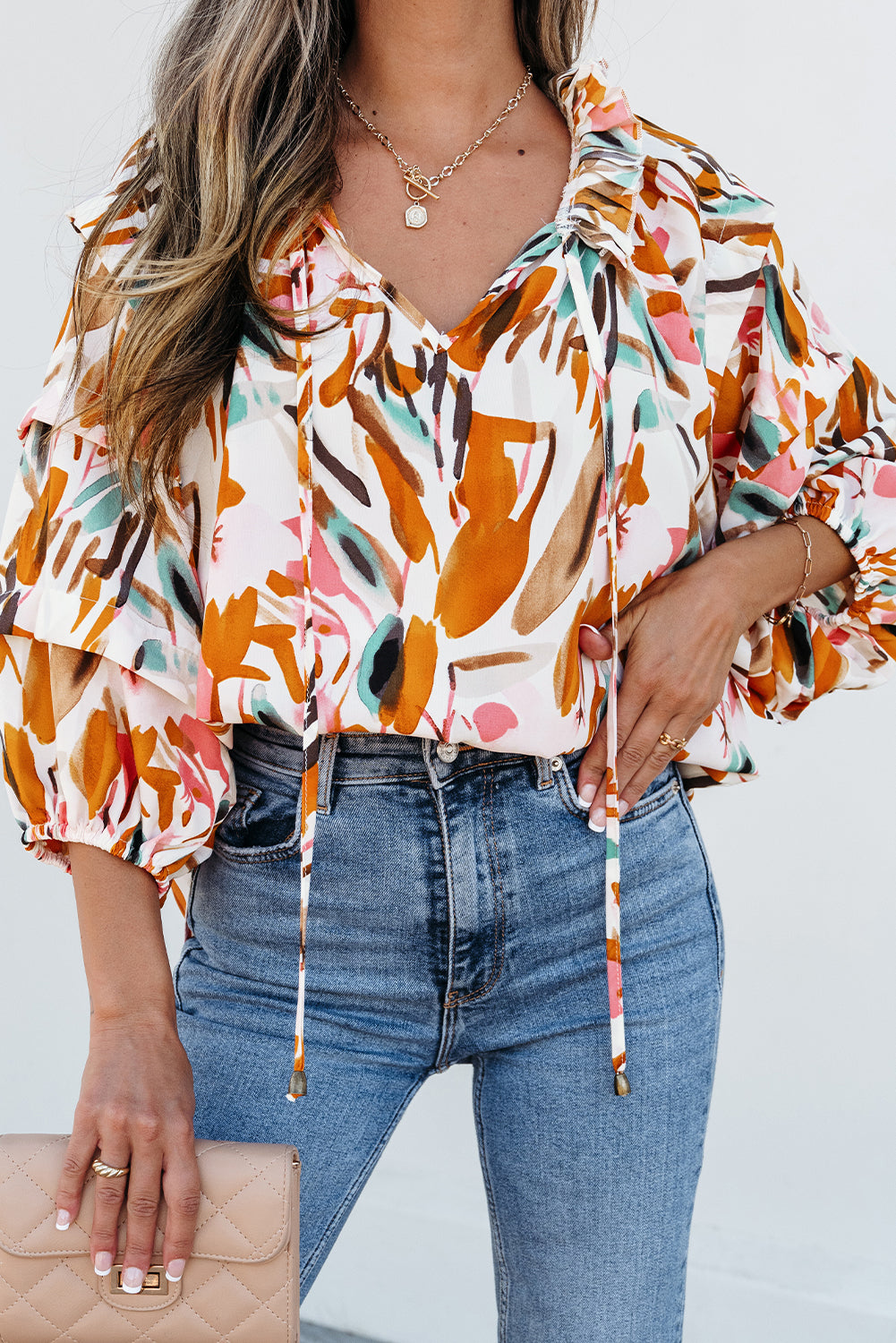 Yellow Abstract Print Drawstring Frilled V Neck 3/4 Sleeve Blouse Tops/Blouses & Shirts