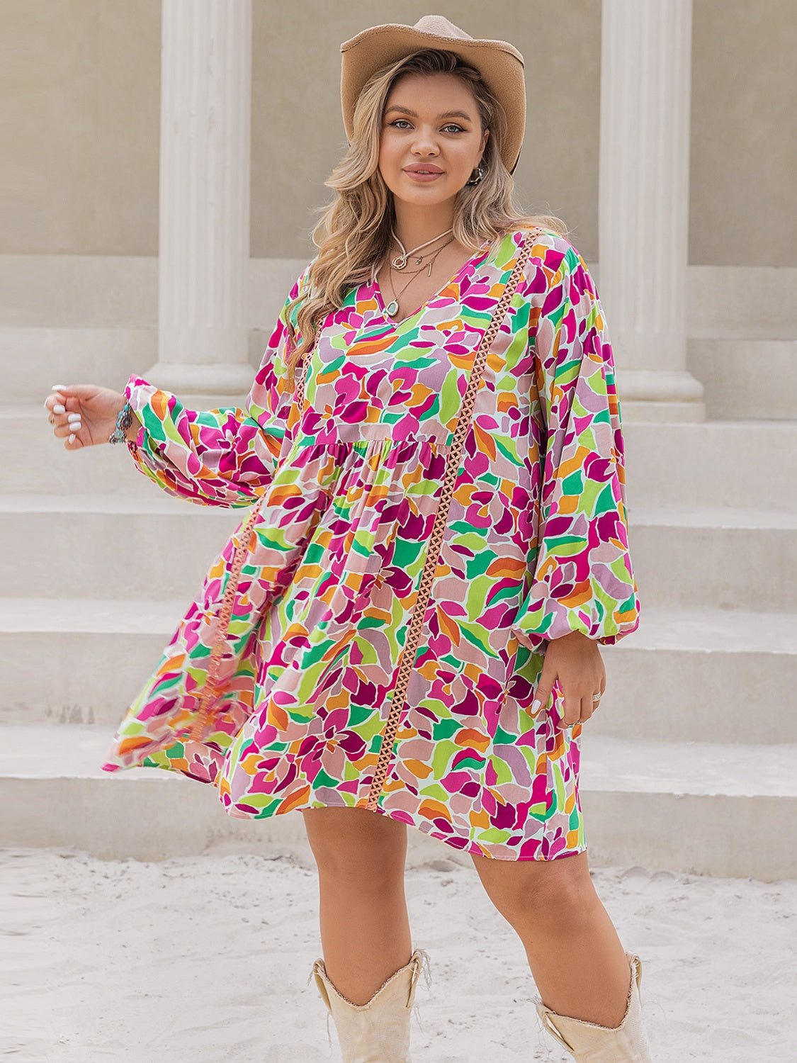 Plus Size Printed V-Neck Balloon Sleeve Mini Dress 
