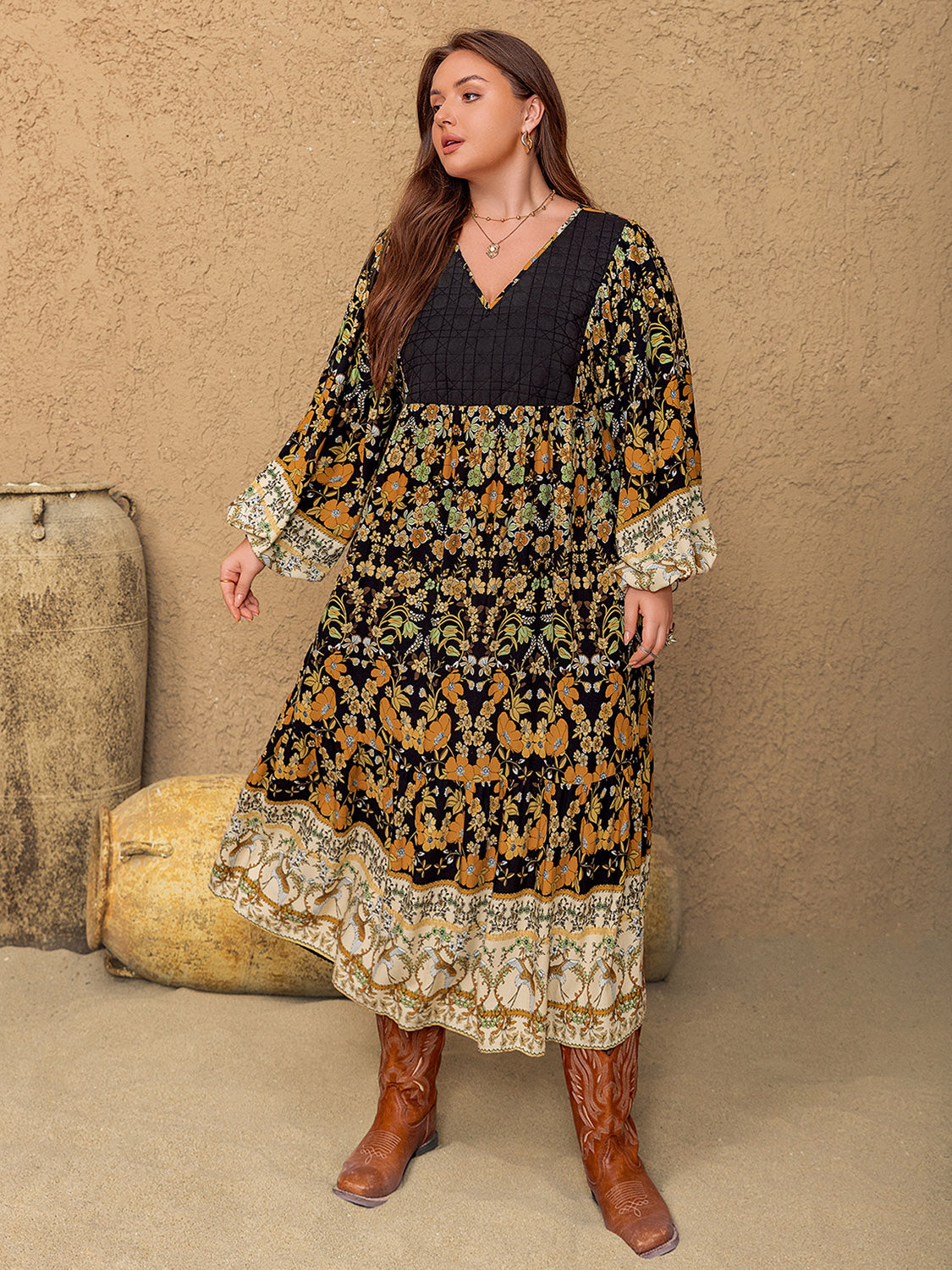 Plus Size Floral V-Neck Balloon Sleeve Midi Dress 