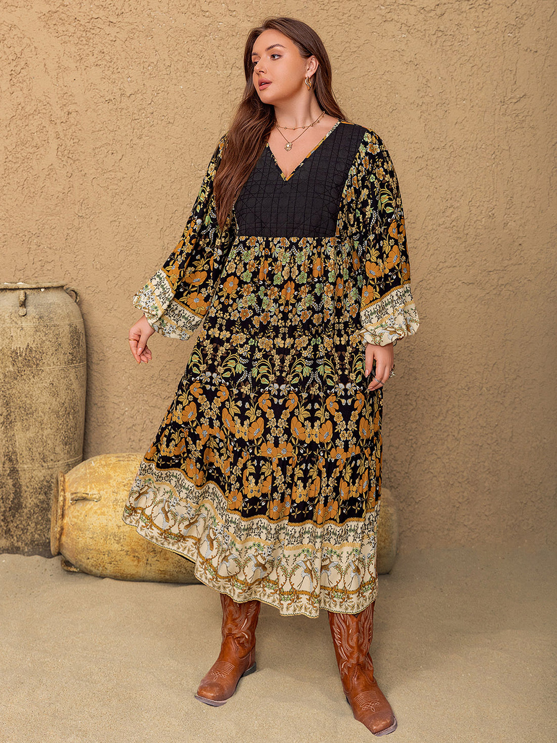 Plus Size Floral V-Neck Balloon Sleeve Midi Dress 