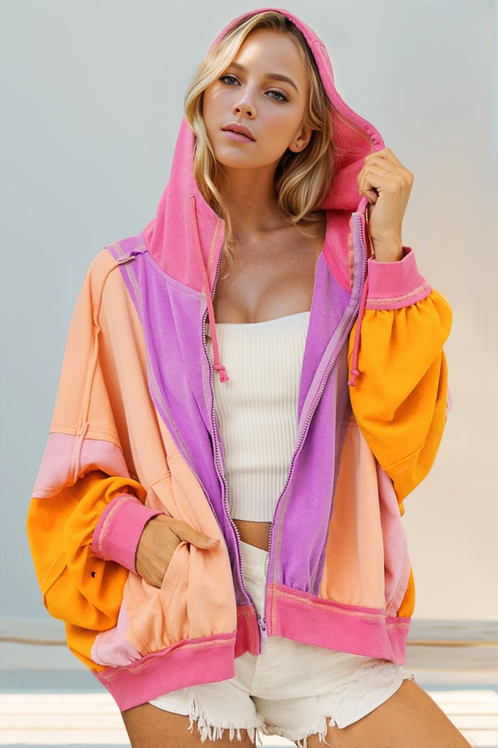 Double Take Full Size Color Block Zip Up Hoodie 
