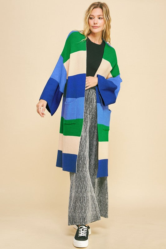 Davi & Dani Color Block Kimono Sleeve Open Front Cardigan 