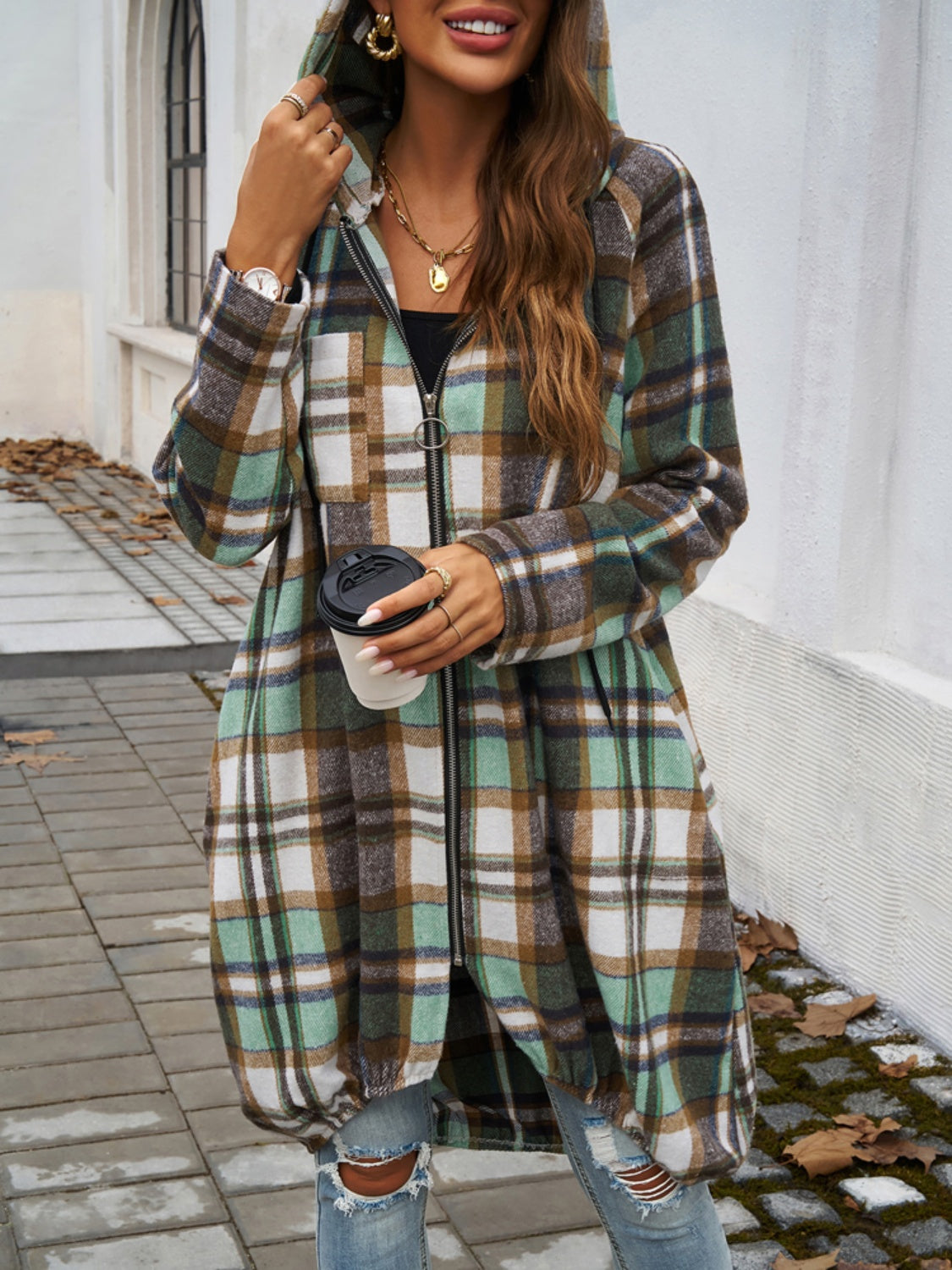 Devine Plaid Zip Up Hooded Coat 
