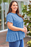 Plus Size Eyelet Round Neck Short Sleeve Blouse 