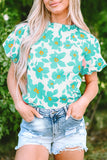 Beige Floral Puff Sleeve Frilled Neckline Blouse Tops/Blouses & Shirts