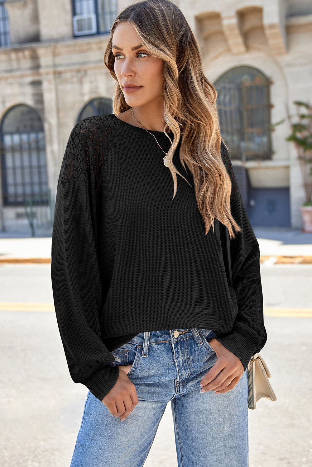 Lace Detail Round Neck Lantern Sleeve Top 
