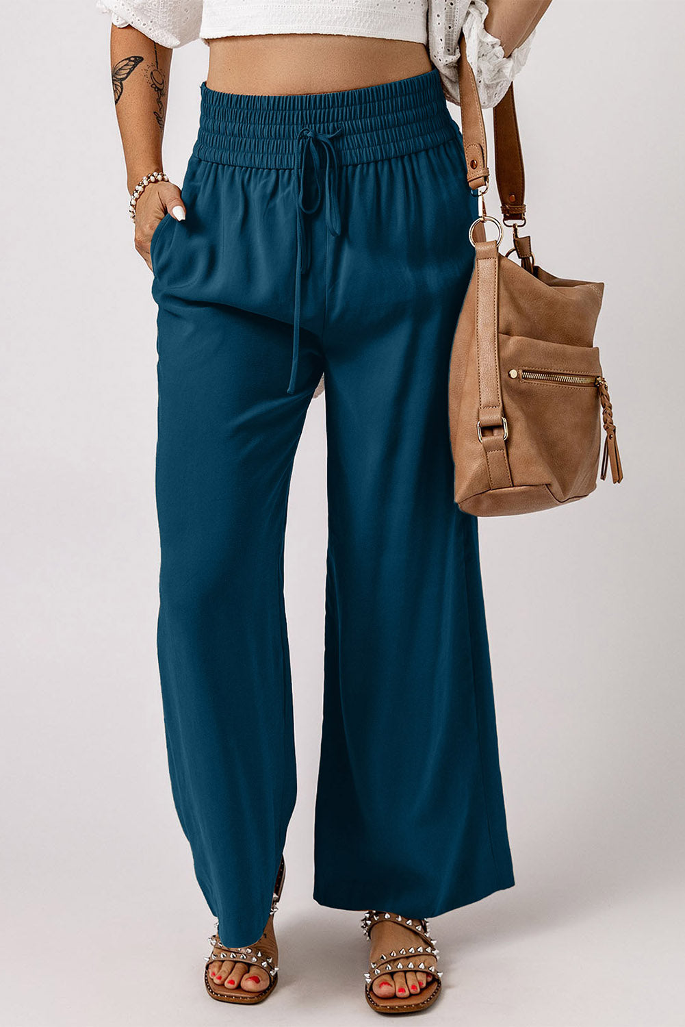 Brown Drawstring Elastic Waist Casual Wide Leg Pants Bottoms/Pants & Culotte
