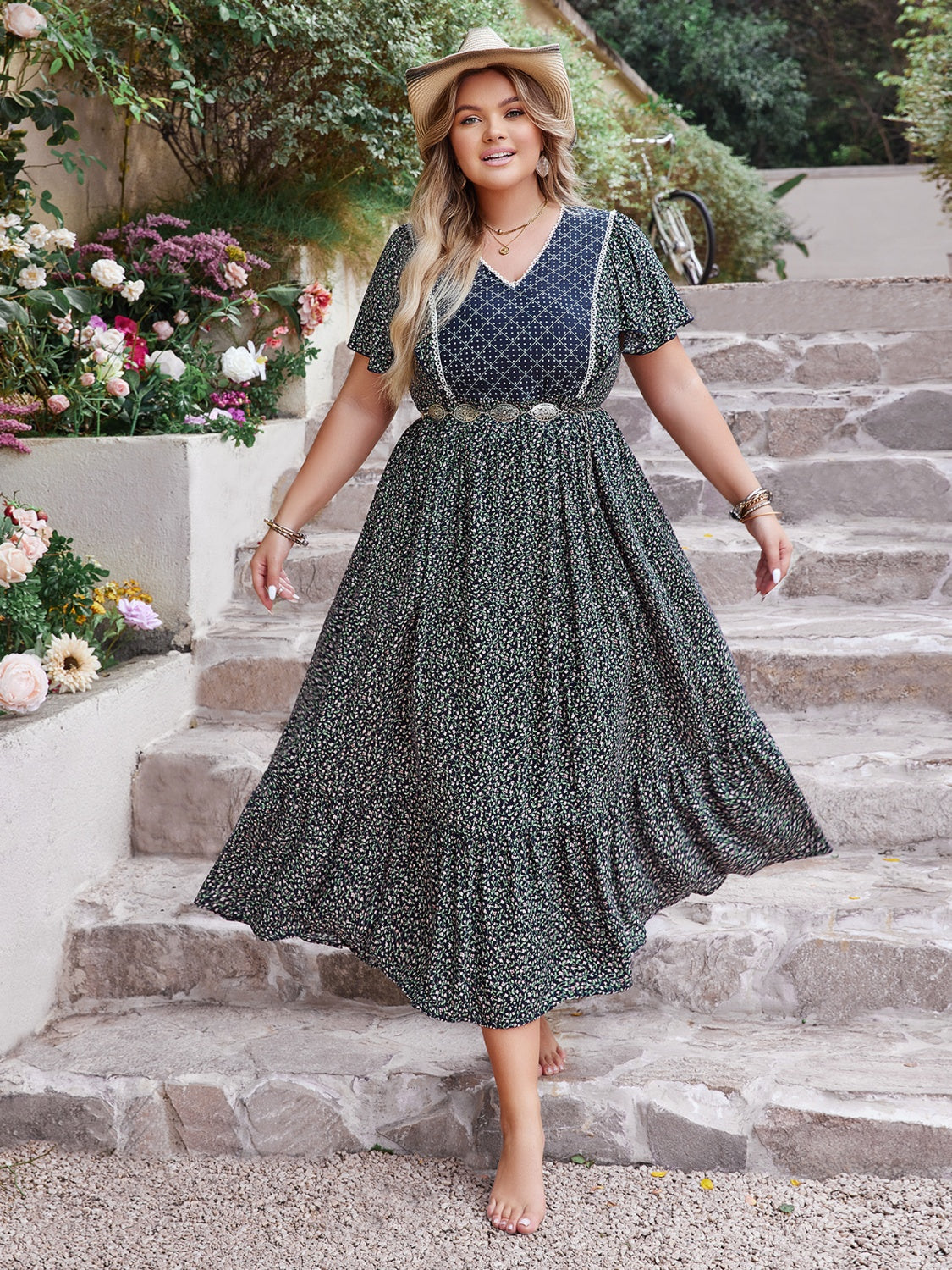 Plus Size Printed V-Neck Flutter Sleeve Midi Dress 