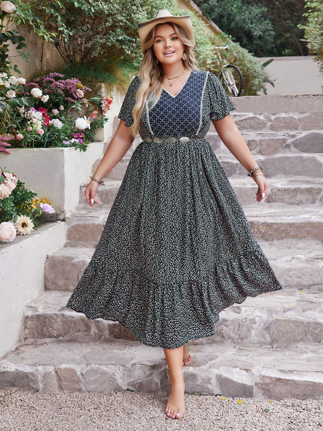 Plus Size Printed V-Neck Flutter Sleeve Midi Dress 