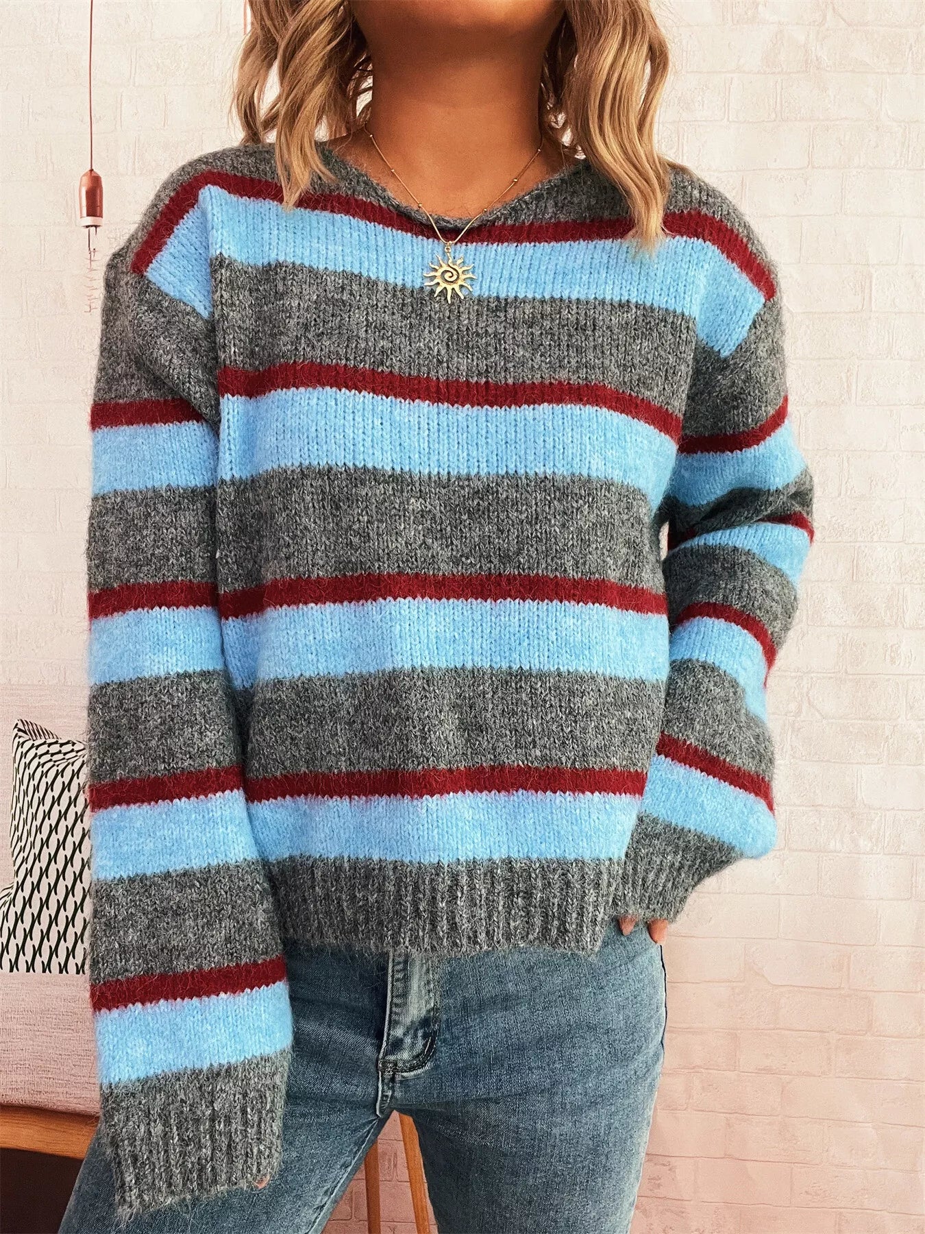 Striped Round Neck Long Sleeve Sweater 