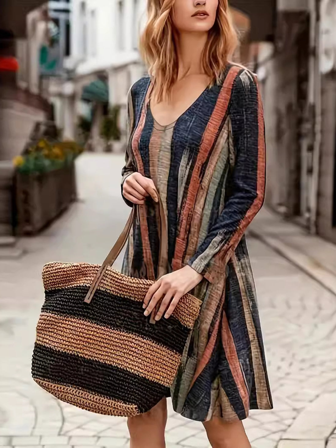 Full Size Contrast Stripes Long Sleeve Mini Dress 