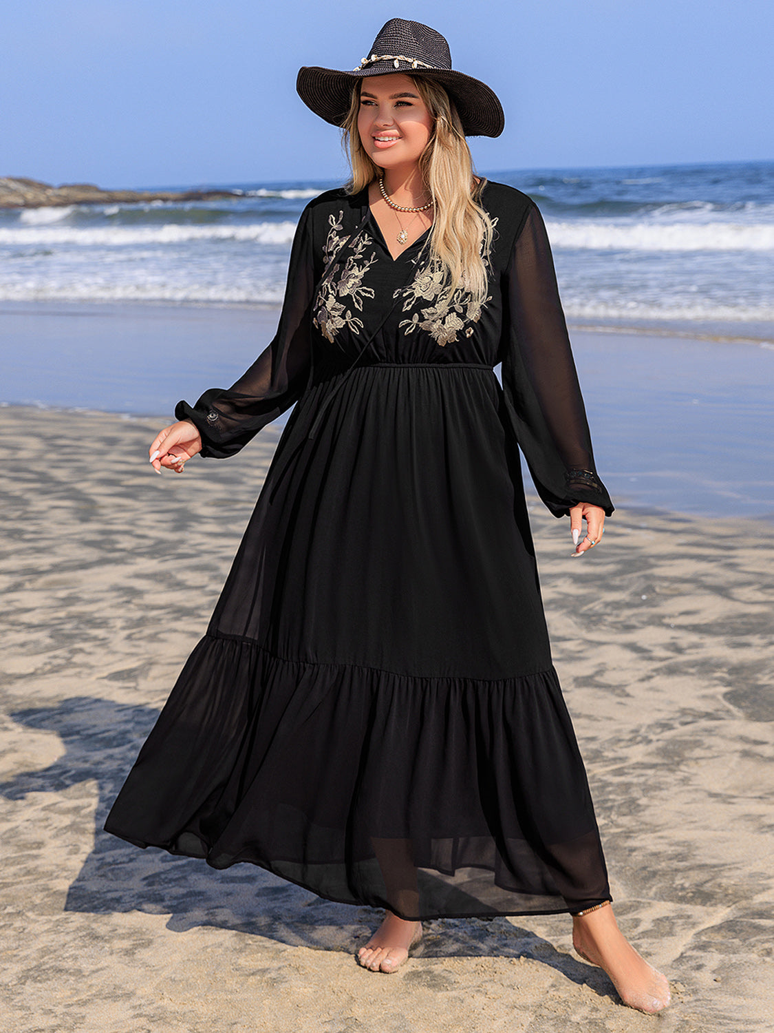Plus Size Embroidered Tie Neck Long Sleeve Dress 