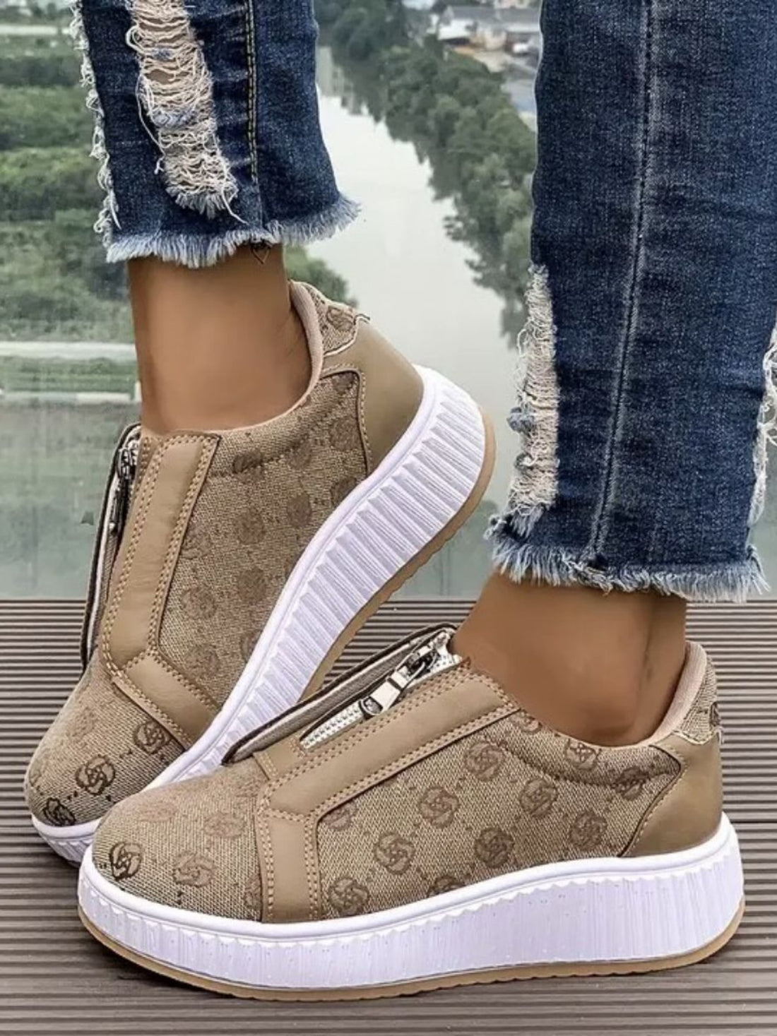 Floral Round Toe Sneakers with Zip 