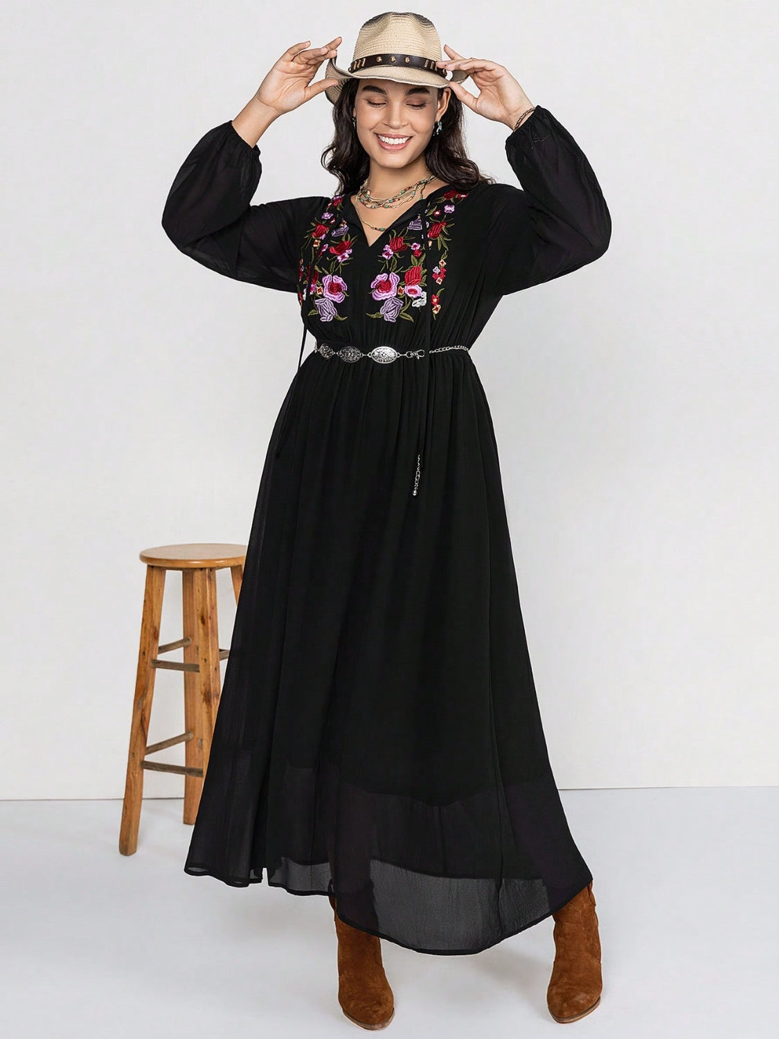 Plus Size Embroidered Tie Neck Long Sleeve Dress 