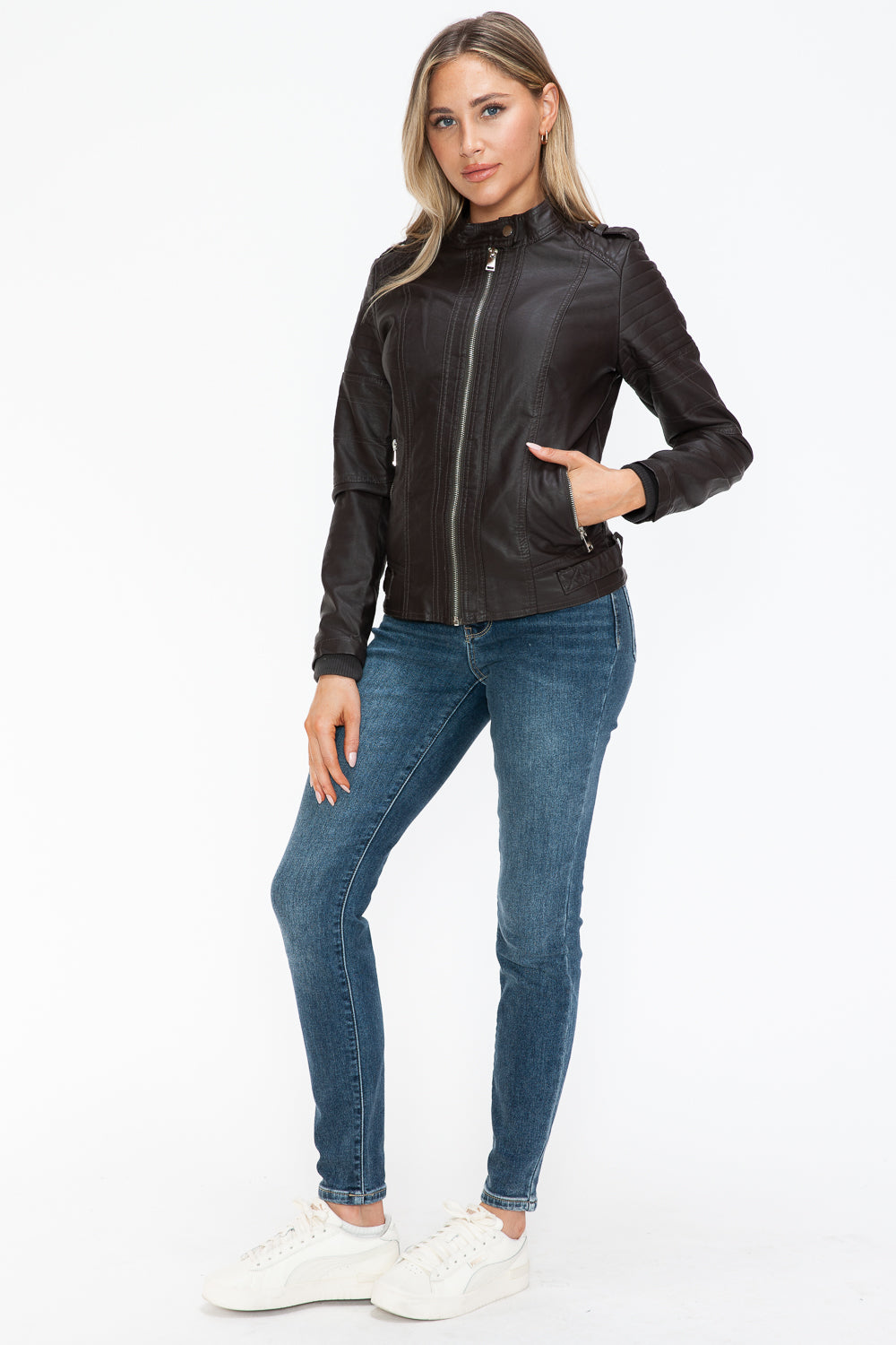 Snobbish PU Leather Biker Jacket with Side Zip Pockets 