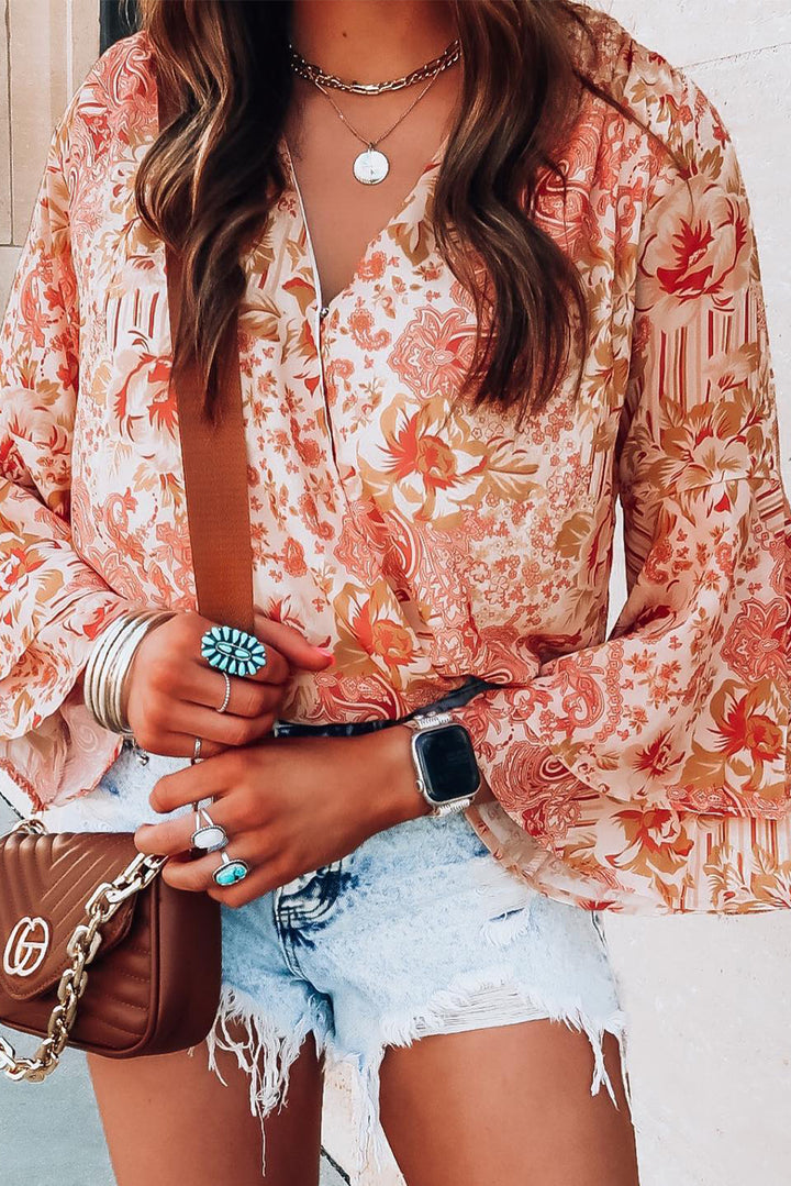Floral Surplice Flare Sleeve Bodysuit 