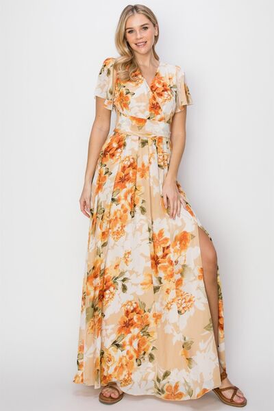 HYFVE Floral Tie Back Short Sleeve Slit Maxi Dress Dresses