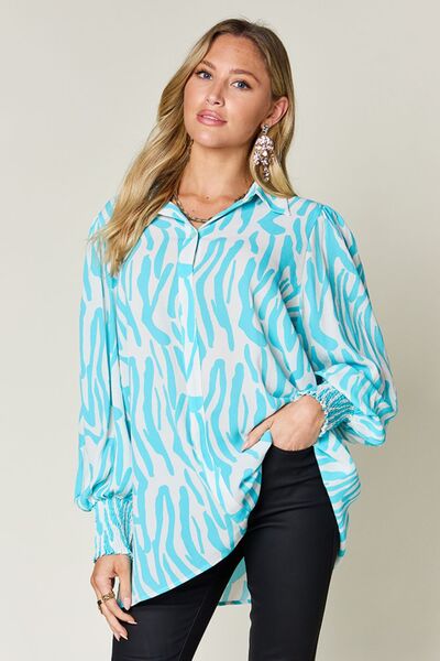 Double Take Full Size Printed Smocked Long Sleeve Blouse 