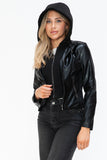 Snobbish Faux Leather Zip Up Drawstring Hooded Jacket 