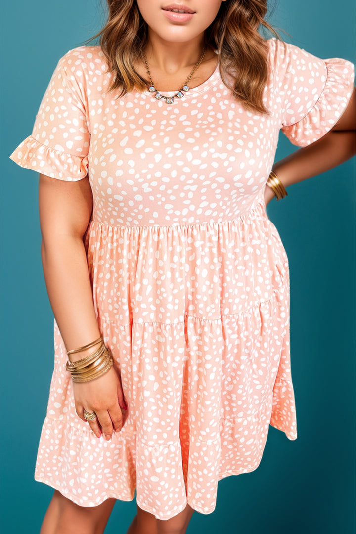 Plus Size Printed Round Neck Flounce Sleeve Mini Dress 