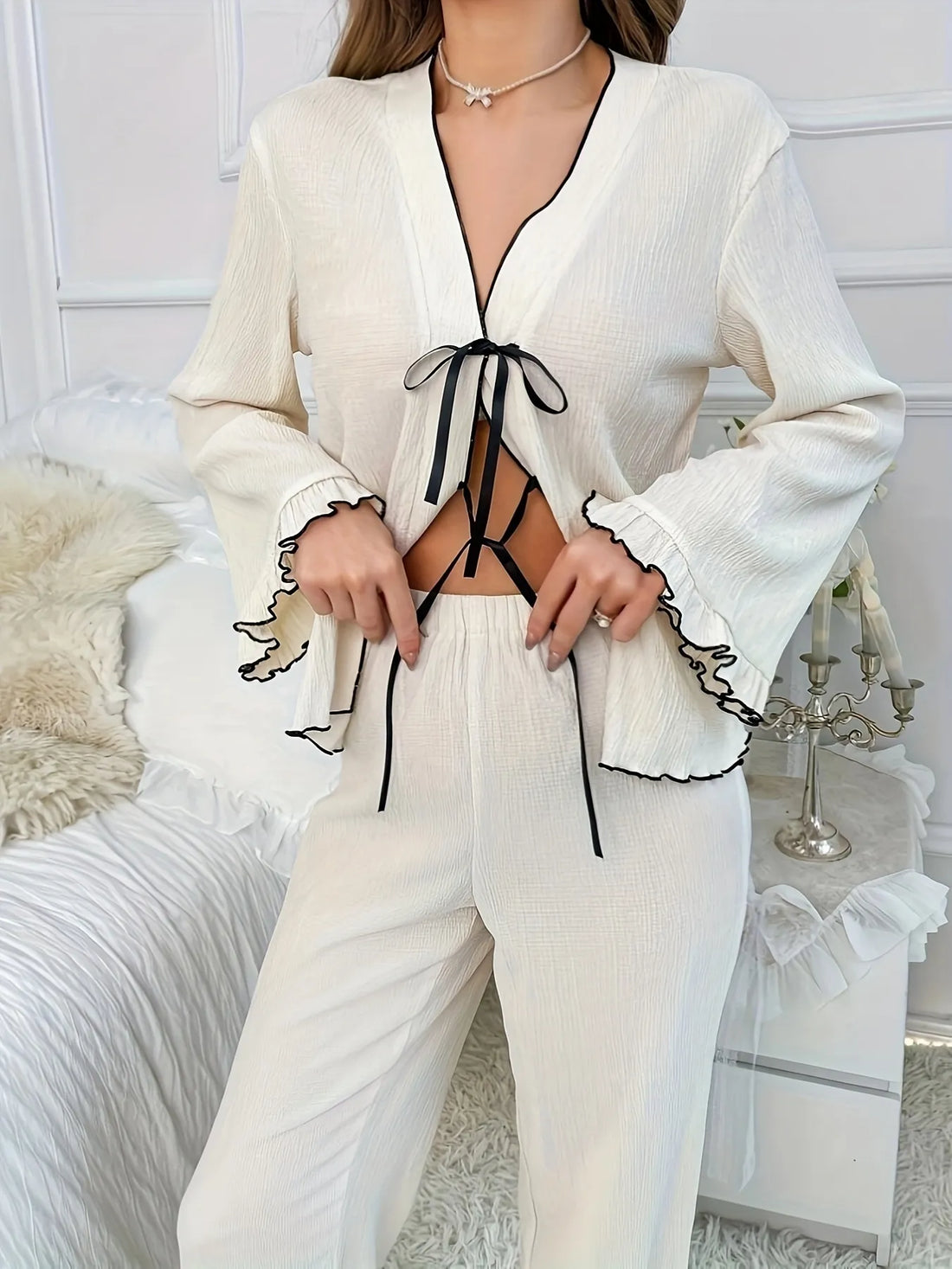 Contrast Trim Bow Tie Shirt and Pants Lounge Set Lingerie & Nightwear