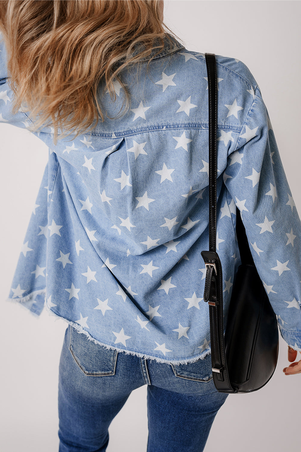 Sky Blue Star Print Light Wash Raw Hem Denim Jacket Outerwear/Denim jackets