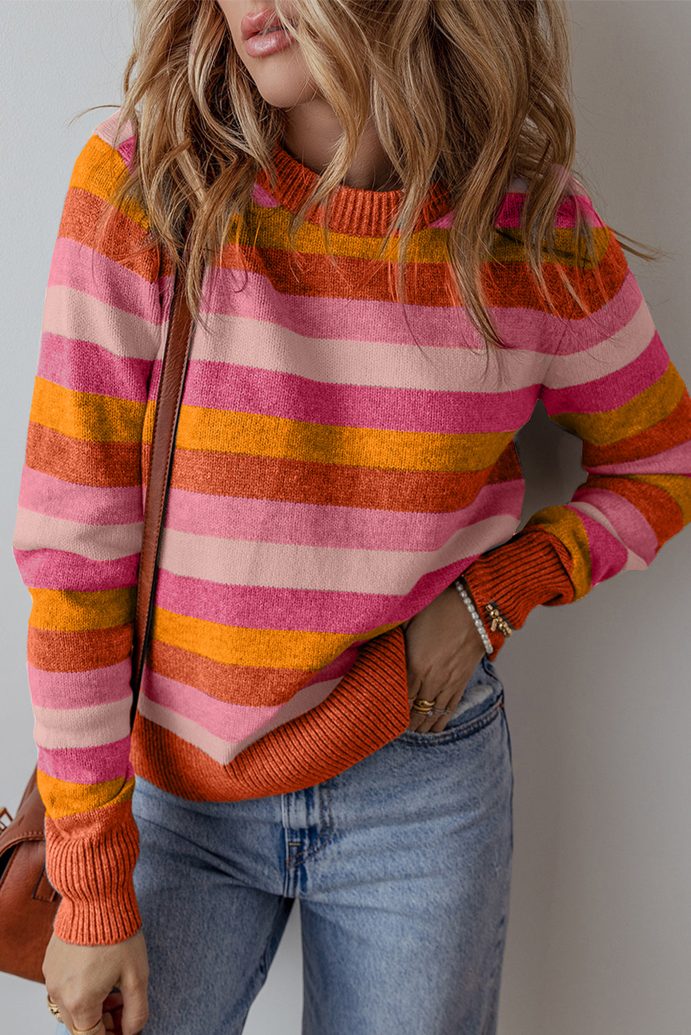 Gray Stripe Color Block Ribbed Edge Round Neck Sweater Sweaters & Cardigans/Sweaters